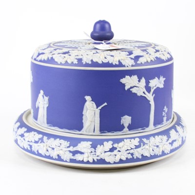 Lot 152 - A blue jasperware cheese dome, decorated with...