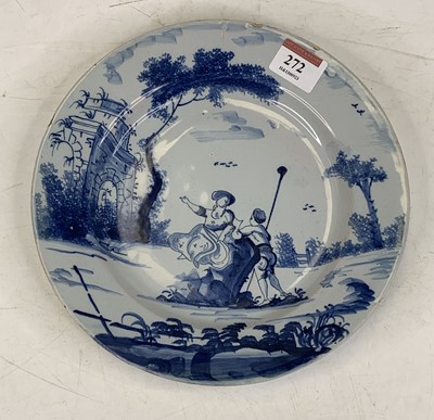 Lot 272 - An 18th century English Delft plate underglaze...