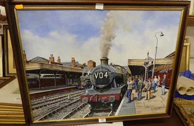 Lot 1001 - T.E. Oben - Station platform scene with steam...