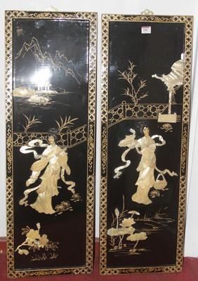 Lot 600 - A pair of Japanese black lacquered panels with...