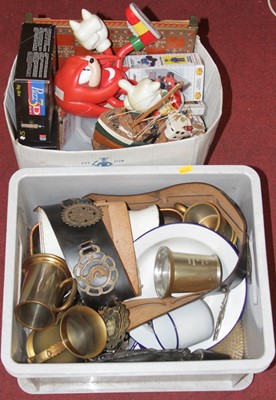 Lot 592 - Two boxes of items, to include horse brasses,...