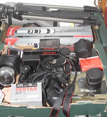 Lot 608 - Two boxes of assorted camera equipment to...