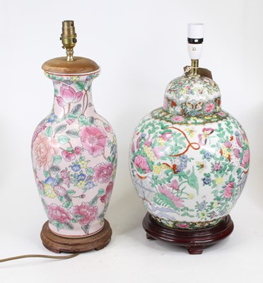 Lot 635 - A Chinese export table lamp, enamel decorated...