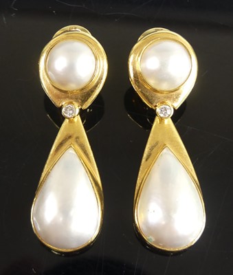 Lot 2578 - A pair of 18ct yellow gold pearl and diamond...