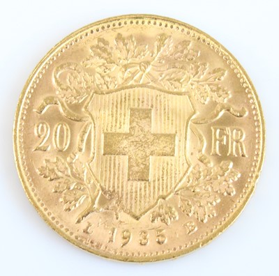 Lot 2046 - Switzerland, 1935 gold 20 francs, obv; female...