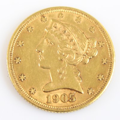 Lot 2260 - United States of America, 1905 gold 5 dollar...