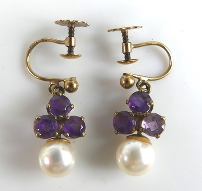 Lot 2692 - A pair of 9ct gold amethyst and cultured pearl...