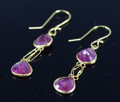 Lot 2756 - A pair of contemporary yellow metal ruby set...