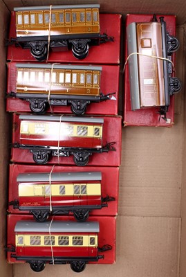 Lot 227 - Six Hornby 4-wheel post war coaches: Three...