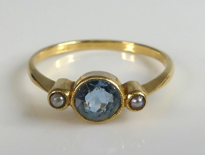 Lot 2771 - A yellow metal aquamarine and pearl 3 stone...