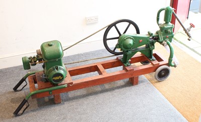Lot 86 - Wooden trolley mounted cast iron water pump,...