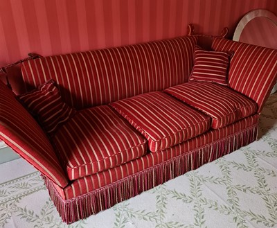 Lot 1155 - A contemporary red striped upholstered three...