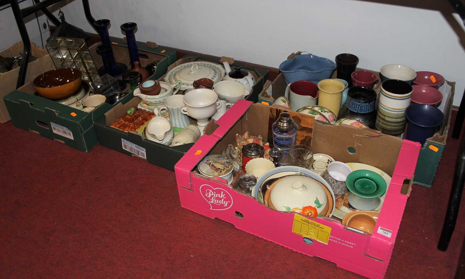 Lot 705 - Four boxes of ceramics and glassware, to...