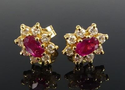 Lot 2645 - A pair of 18ct yellow gold, ruby and diamond...