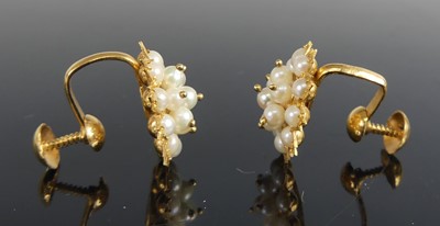 Lot 2590 - A pair of yellow metal pearl circular cluster...