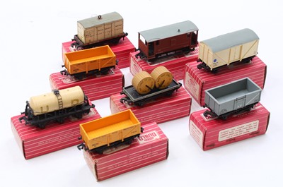 Lot 421 - Eight Hornby-Dublo 2-rail boxed goods wagons,...