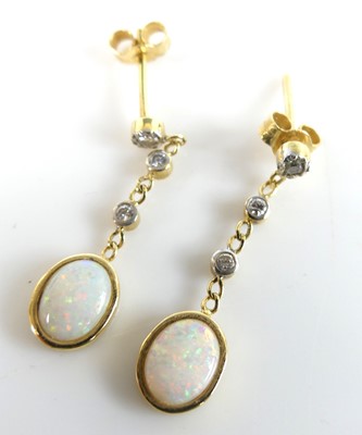 Lot 2728 - A pair of yellow metal, opal and diamond drop...