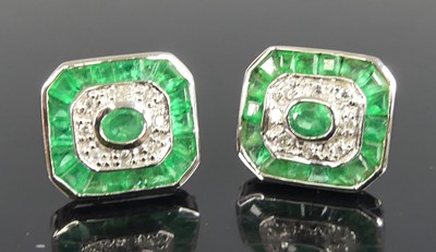 Lot 2749 - A pair of 18ct white gold, emerald and diamond...