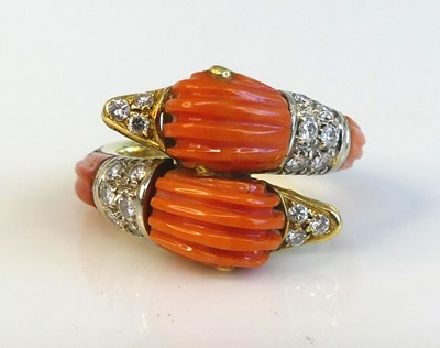 Lot 2165 - A yellow metal and coral and diamond twin duck...