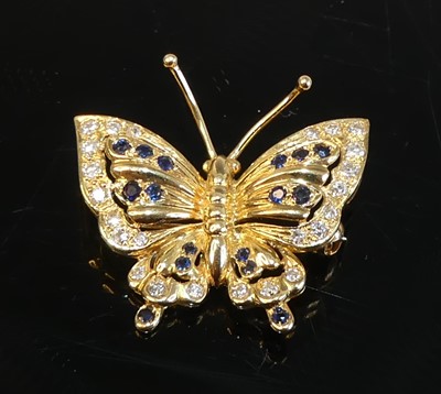 Lot 2186 - A yellow metal sapphire and diamond butterfly...