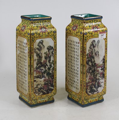 Lot 107 - A pair of Chinese export vases of kong shape,...