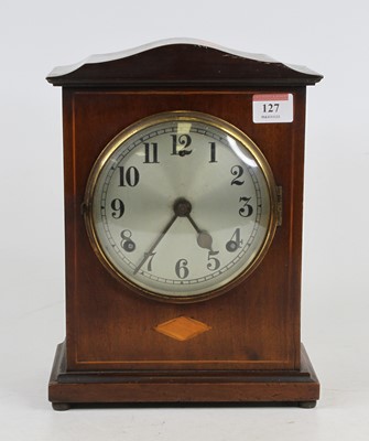 Lot 127 - An Edwardian mahogany and inlaid mantel clock,...