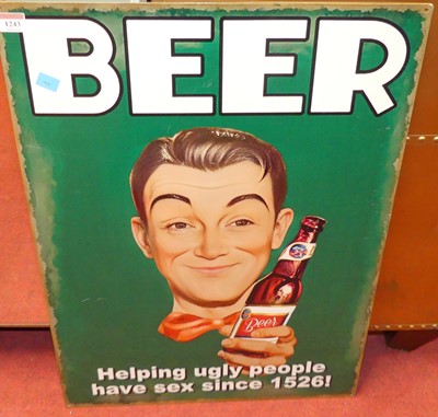 Lot 1243 - A printed tin wall sign titled Beer, 70 x 50cm