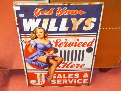 Lot 1247 - A printed tin wall sign titled Get Your Willys...