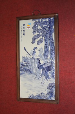 Lot 167 - A Chinese blue & white glazed pottery plaque,...