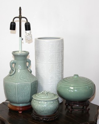 Lot 217 - A Chinese celadon glazed table lamp of twin...