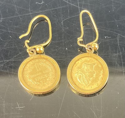 Lot 401 - A pair of yellow metal ear pendants, each...