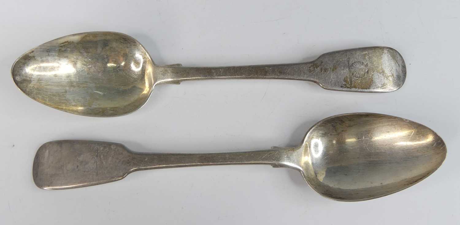 Lot 2076 - Two George IV Irish silver dessert spoons, in...