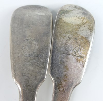 Lot 2076 - Two George IV Irish silver dessert spoons, in...