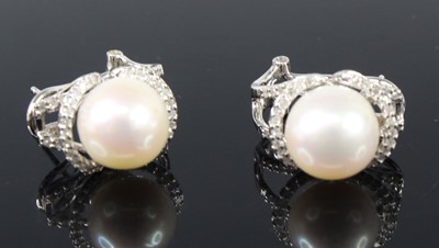 Lot 2162 - A pair of 9ct white gold, cultured pearl and...