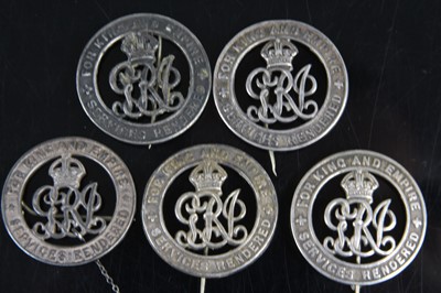 Lot 52 - A collection of five WW I Silver War badges,...
