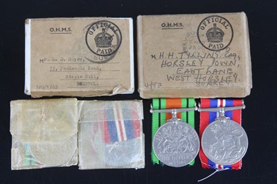 Lot 319 - A WW II pair to include Defence and War medal,...