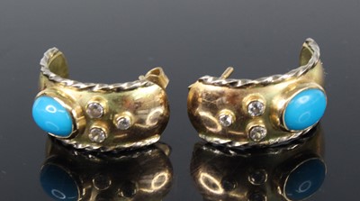 Lot 2204 - A pair of yellow metal turquoise and diamond...