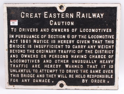 Lot 80 - A Great Eastern Railway cast iron caution sign...