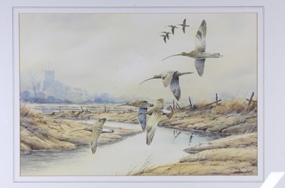 Lot 459 - Simon Trinder, (b.1958), Snipe in flight,...