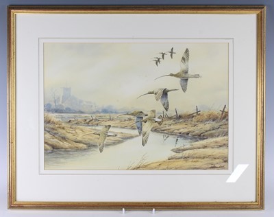 Lot 459 - Simon Trinder, (b.1958), Snipe in flight,...