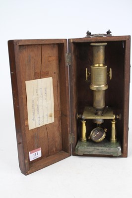 Lot 114 - A 19th century brass monocular microscope, the...