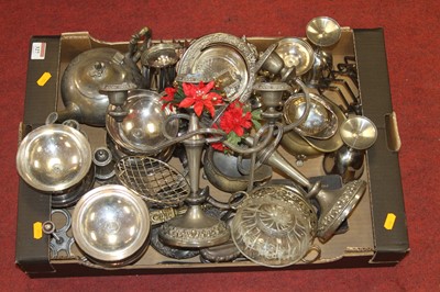 Lot 327 - A box of assorted silver plated and metalwares