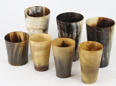 Lot 580 - Seven various horn beakers, the largest h.15cm