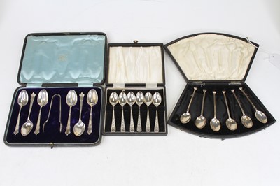 Lot 379 - A cased set of six silver teaspoons with sugar...