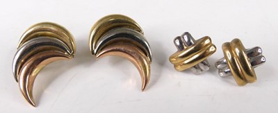 Lot 427 - A pair of modern 9ct three-colour gold ear...