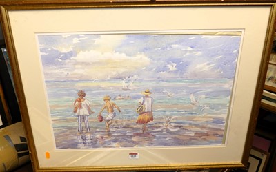 Lot 1023 - June Crawshaw - Children playing on the beach,...