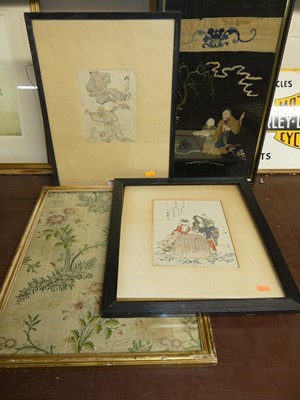 Lot 1051 - A framed Japanese silkwork, 80 x 25cm;...