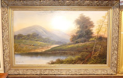 Lot 1063 - T Wood - Mountain landscape with sheep grazing,...