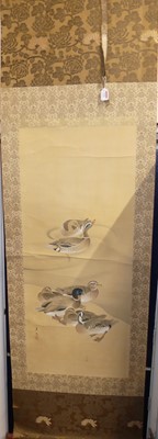 Lot 1141 - A Chinese scroll painted in gouche with ducks,...