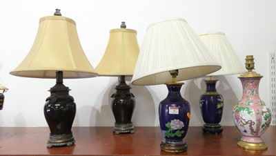 Lot 9 - A pair of Chinese cloisonne enamel table lamps...